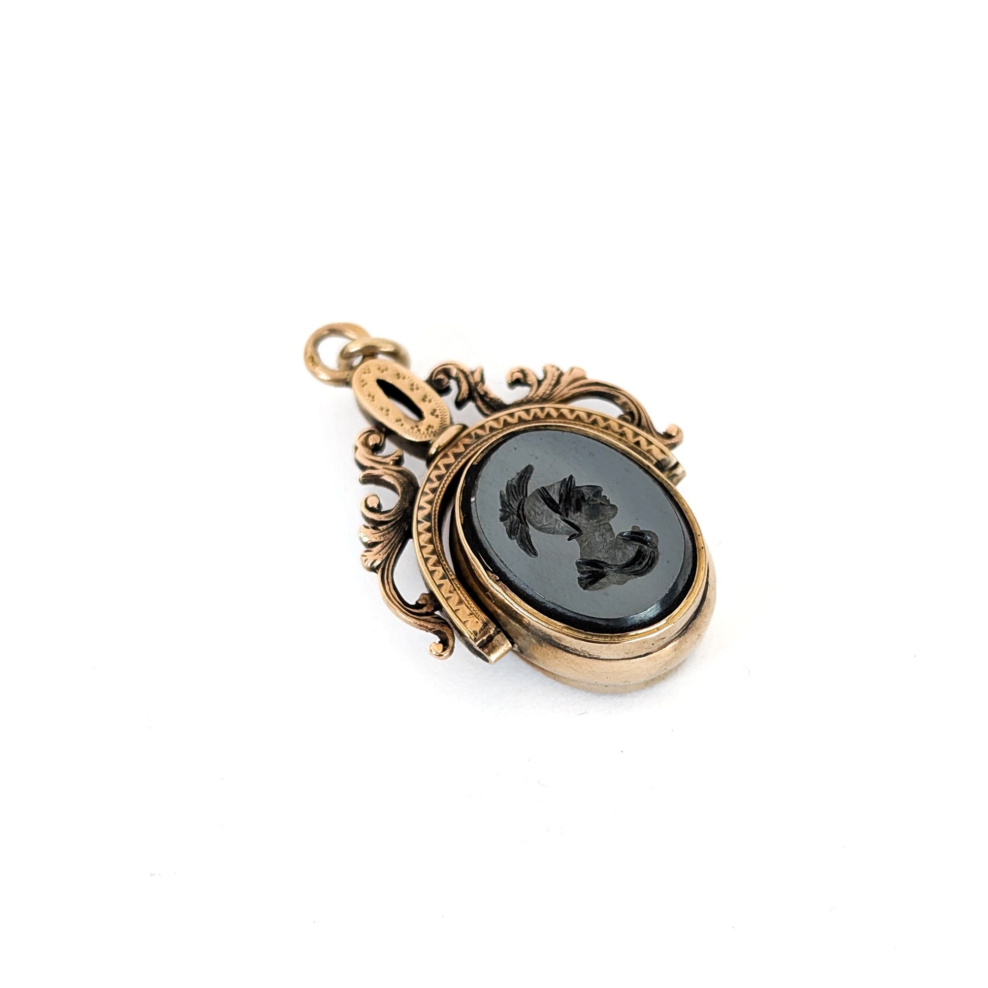 Victorian 15K Gold Swivel Pendant Fob w/ Bloodstone & Roman Hematite Intaglio