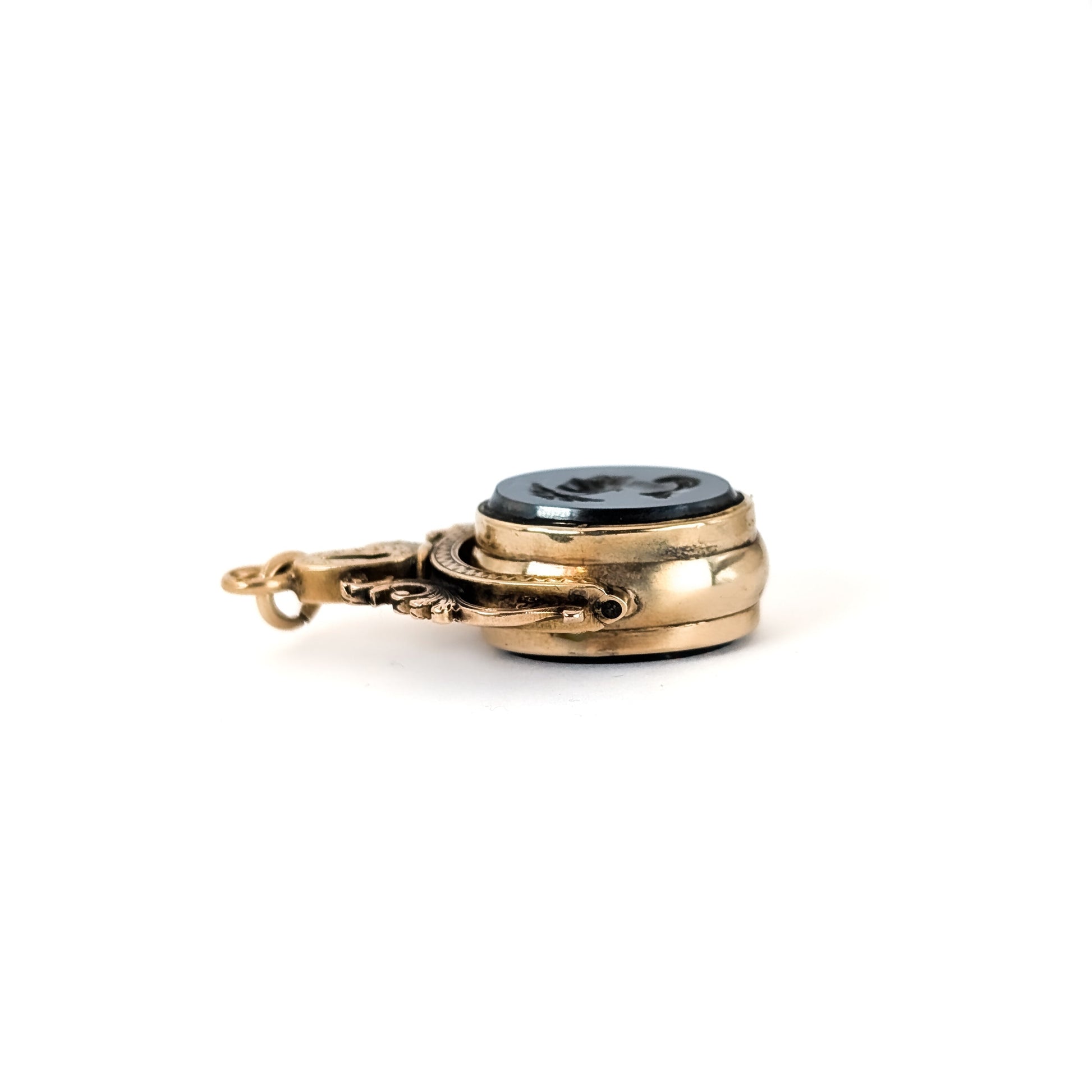 Victorian 15K Gold Swivel Pendant Fob w/ Bloodstone & Roman Hematite Intaglio