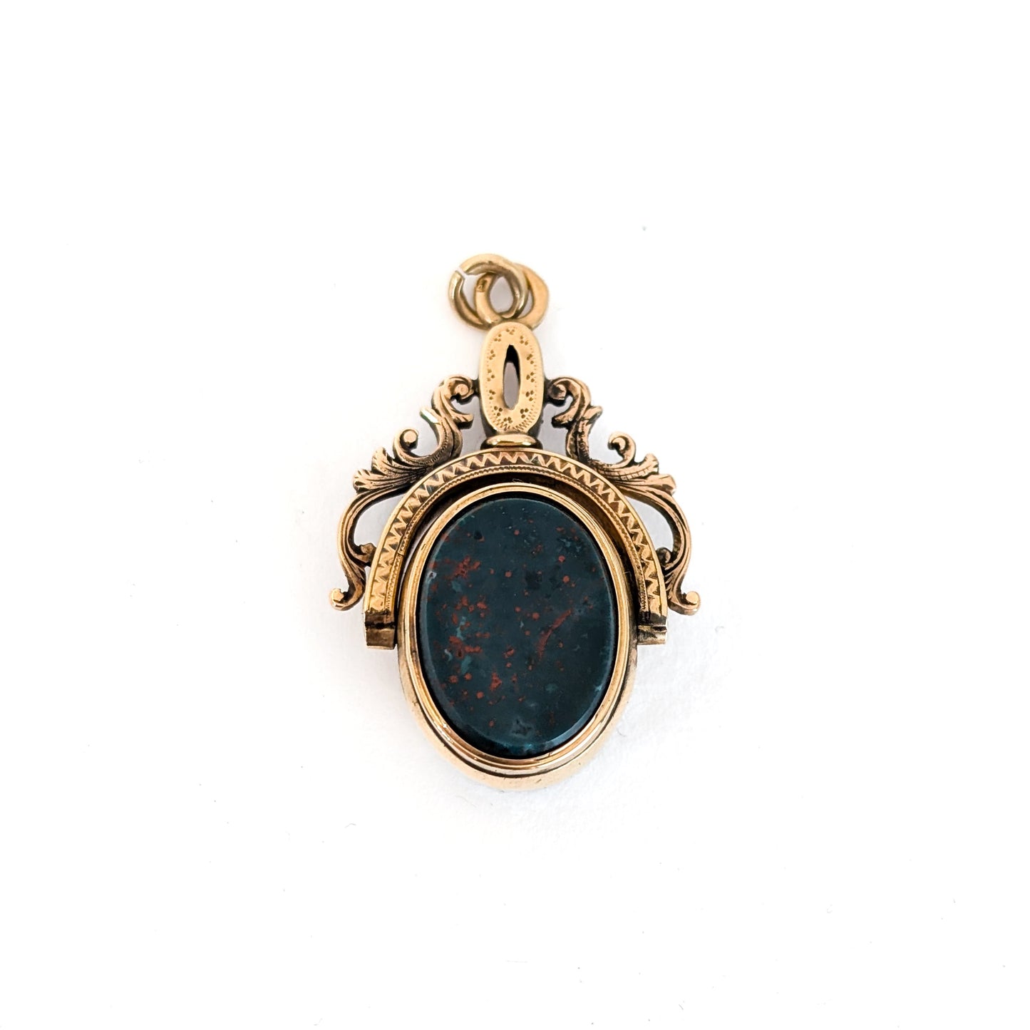 Victorian 15K Gold Swivel Pendant Fob w/ Bloodstone & Roman Hematite Intaglio