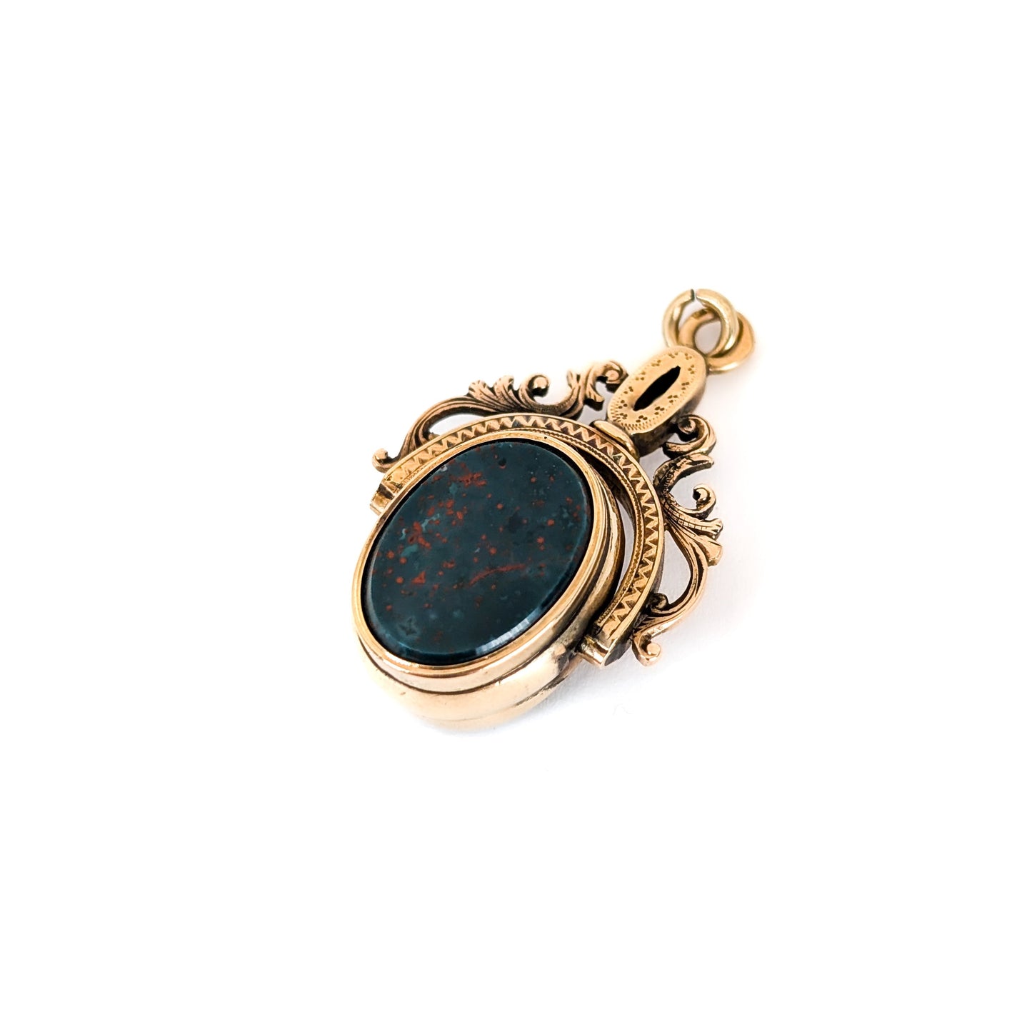 Victorian 15K Gold Swivel Pendant Fob w/ Bloodstone & Roman Hematite Intaglio