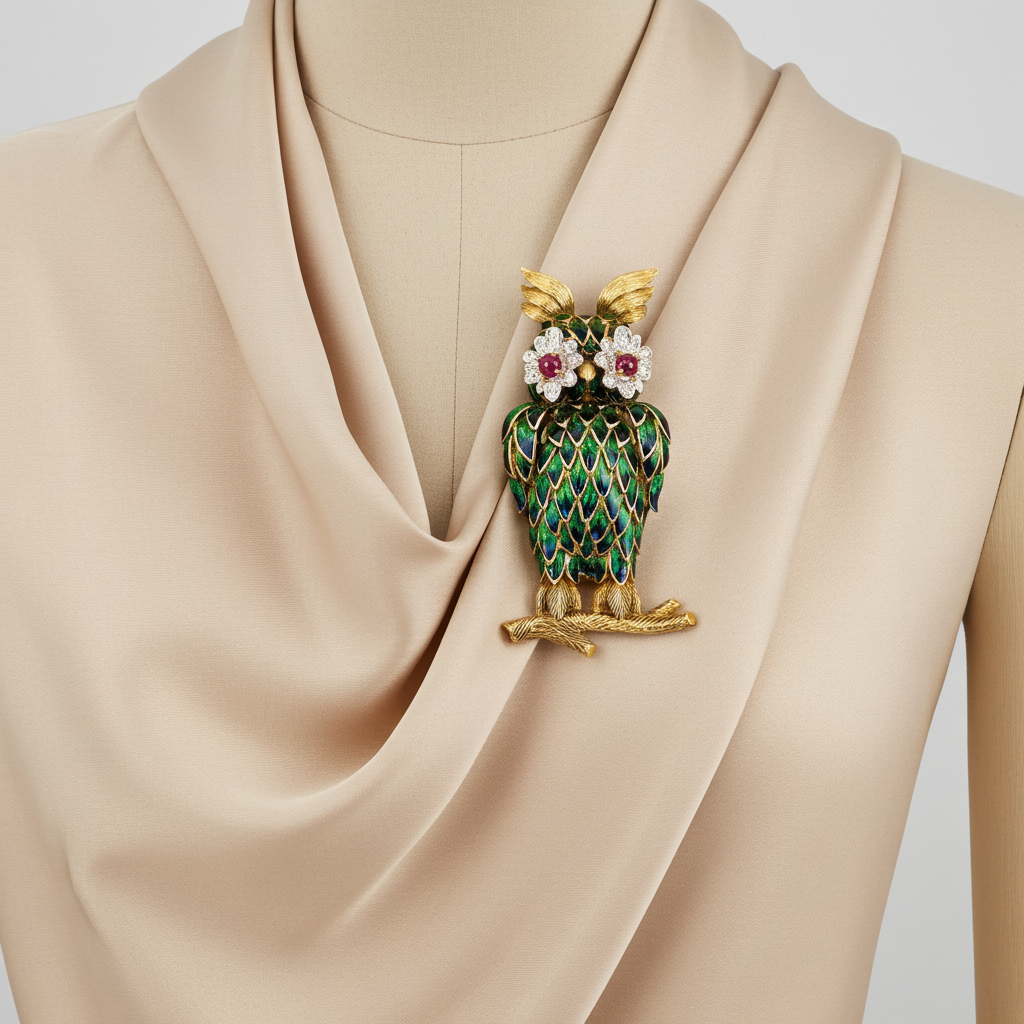 Vintage 18K Gold Enamel Owl Brooch with Ruby and Diamond Eyes