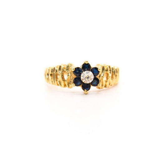 Vintage 10K Gold Sapphire & Diamond Cluster Ring – Floral Design – 2.75g