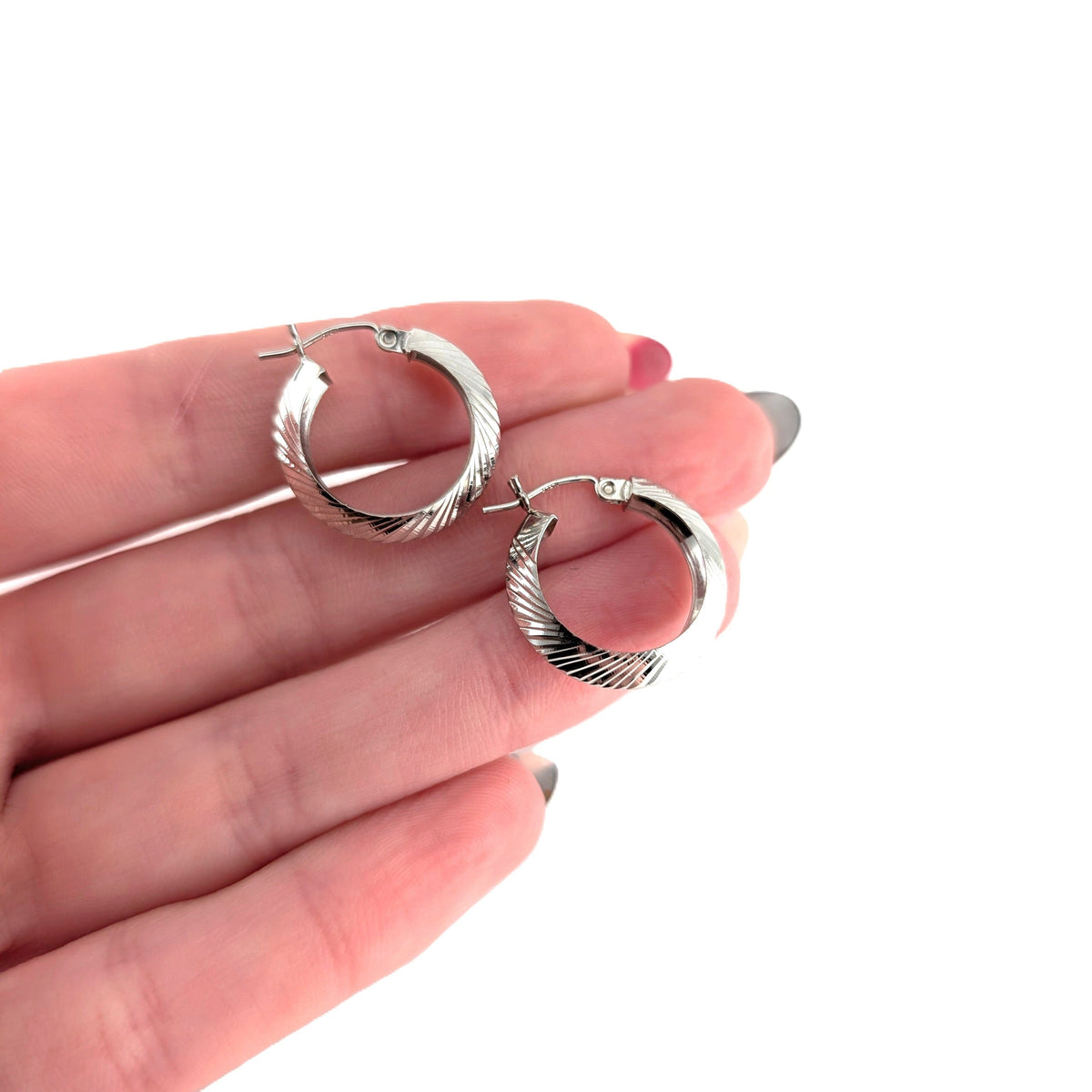 Vintage 10K White Gold Diamond-Cut Hoop Earrings