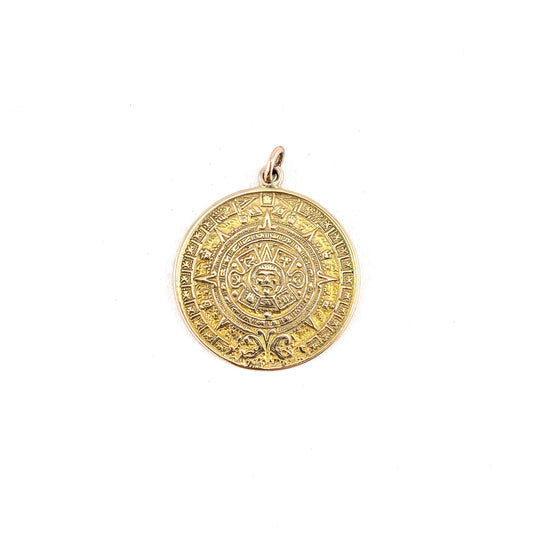 Vintage 14K Gold Aztec Calendar Pendant – Sun God Medallion