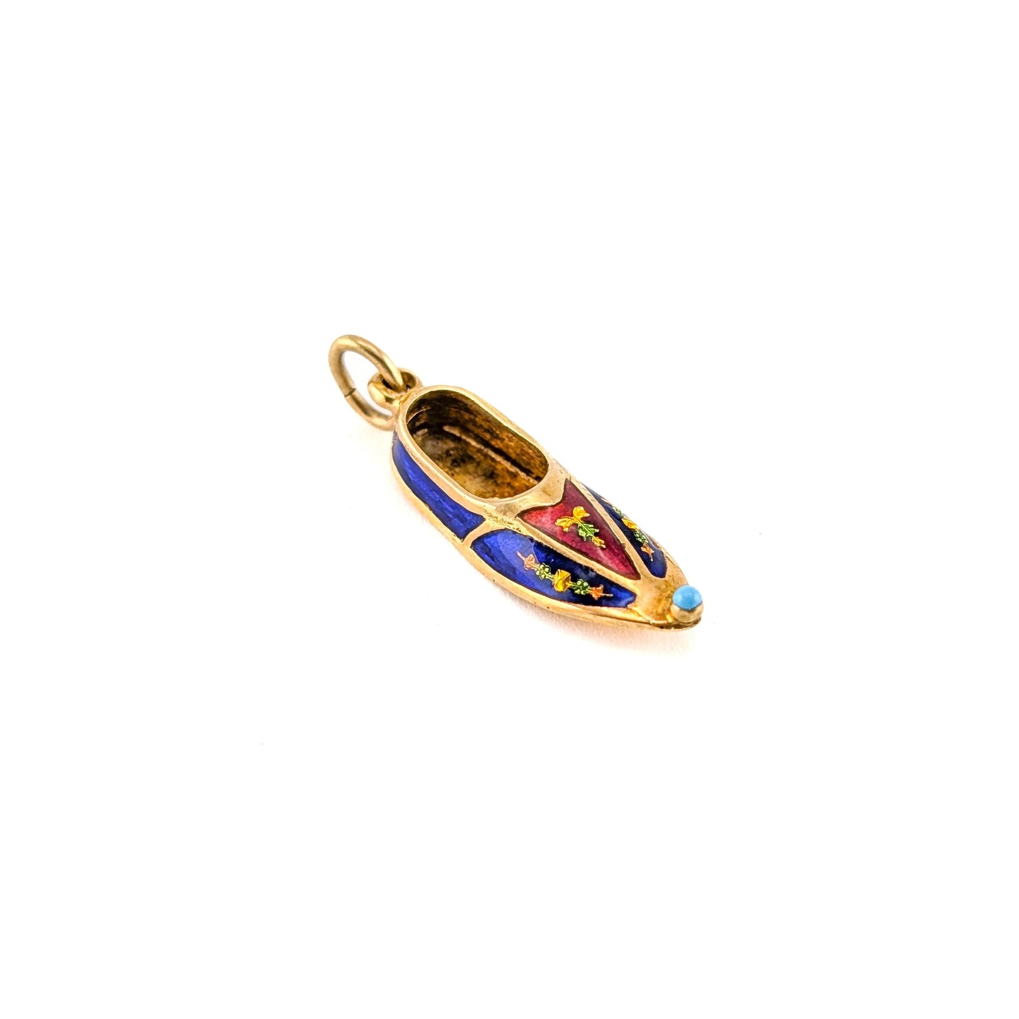 Vintage 14K Gold Enamel Slipper Charm Pendant With Turquoise Accent