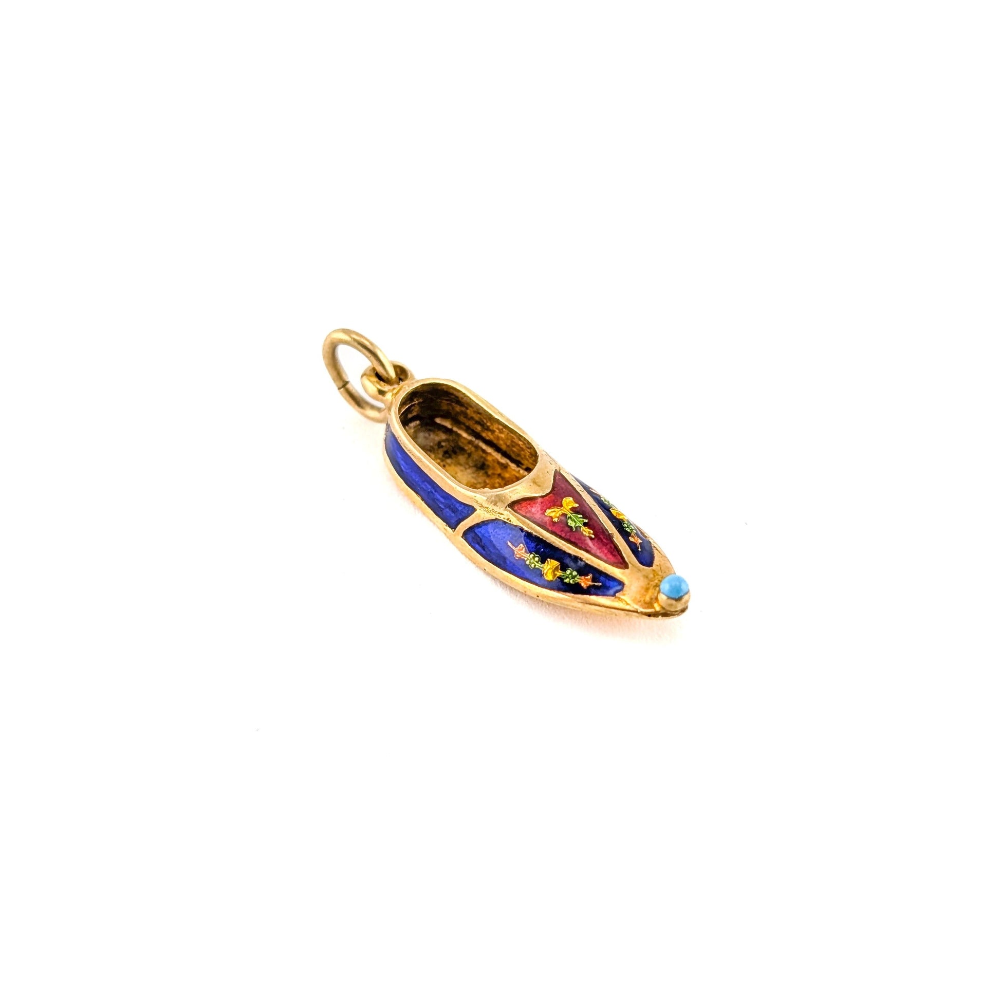 Vintage 14K Gold Enamel Slipper Charm Pendant With Turquoise Accent