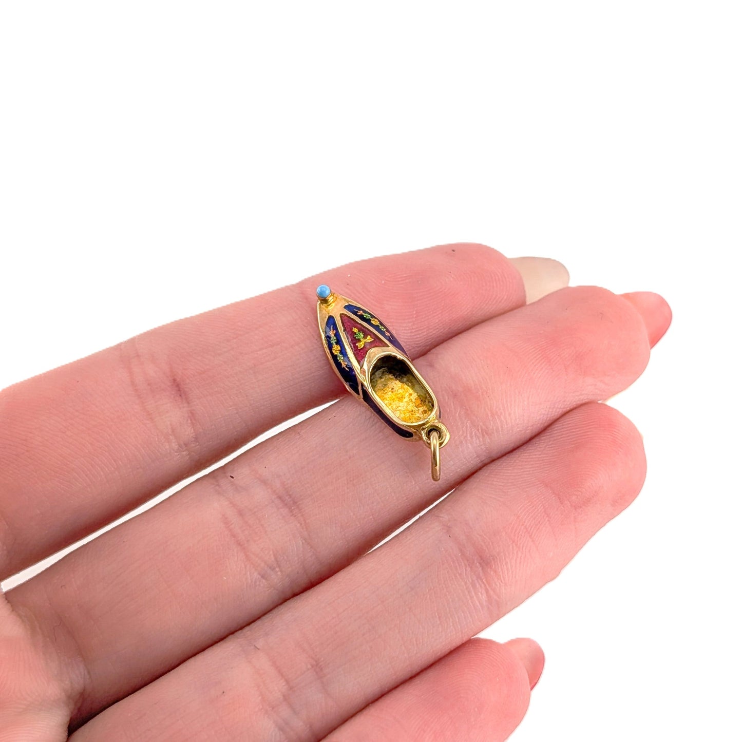 Vintage 14K Gold Enamel Slipper Charm Pendant With Turquoise Accent
