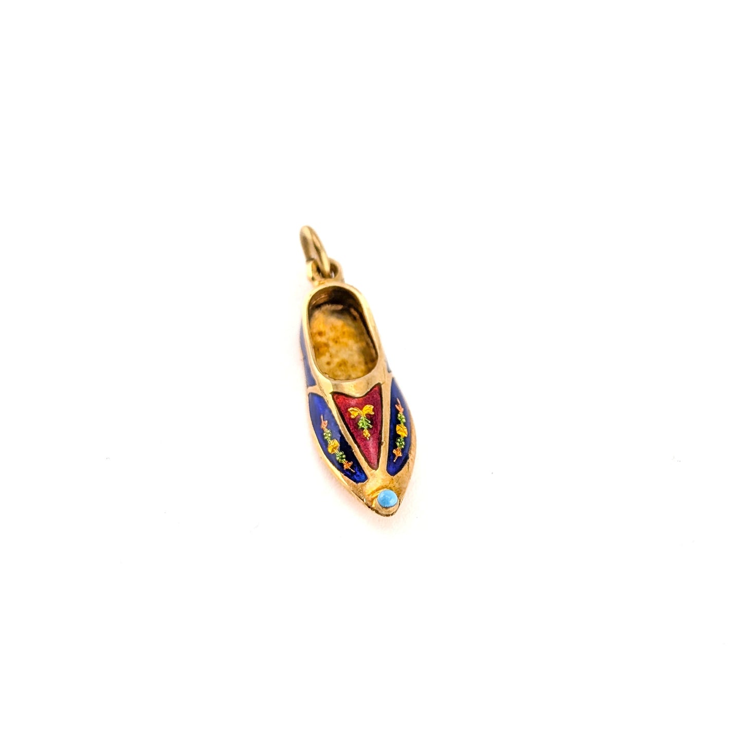Vintage 14K Gold Enamel Slipper Charm Pendant With Turquoise Accent