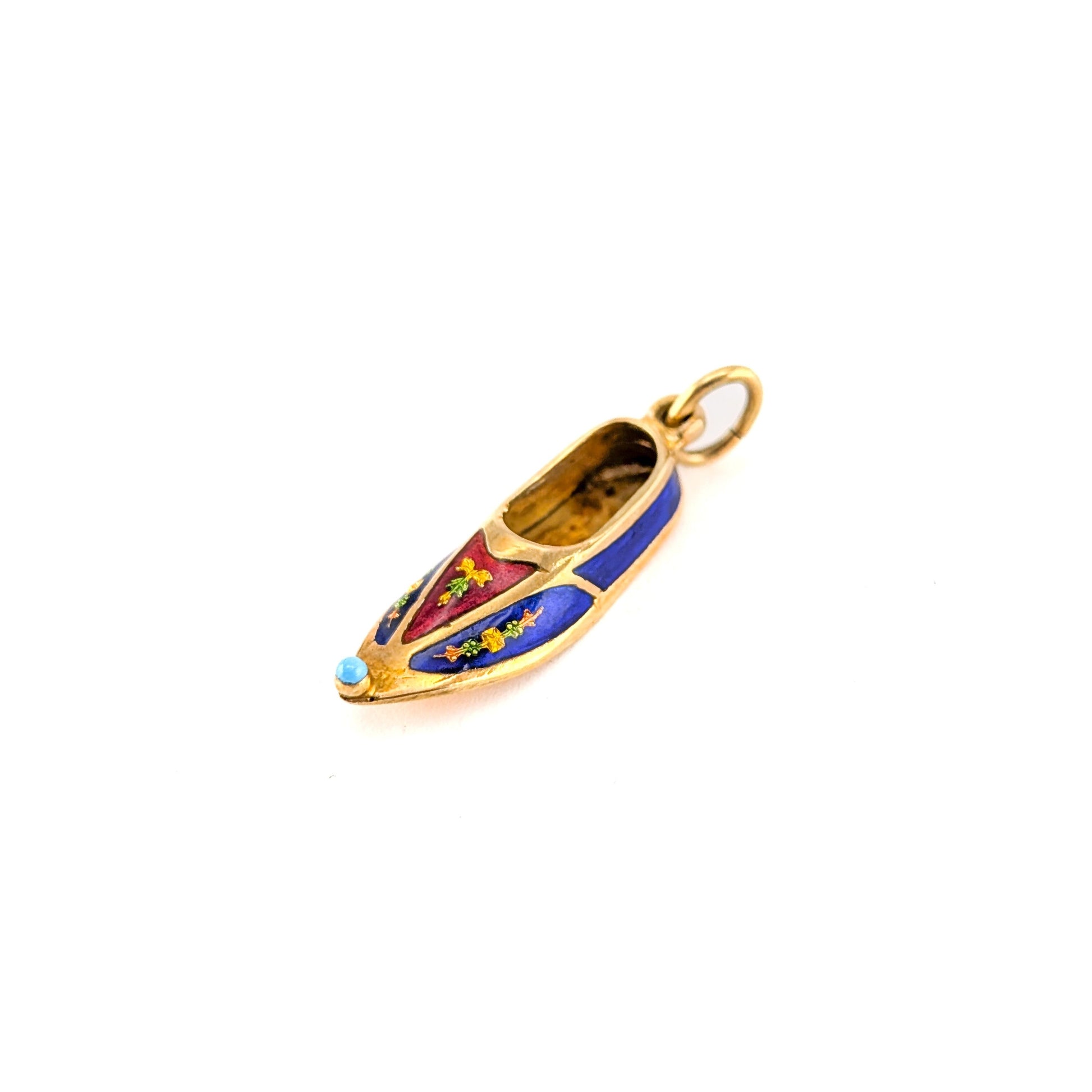 Vintage 14K Gold Enamel Slipper Charm Pendant With Turquoise Accent
