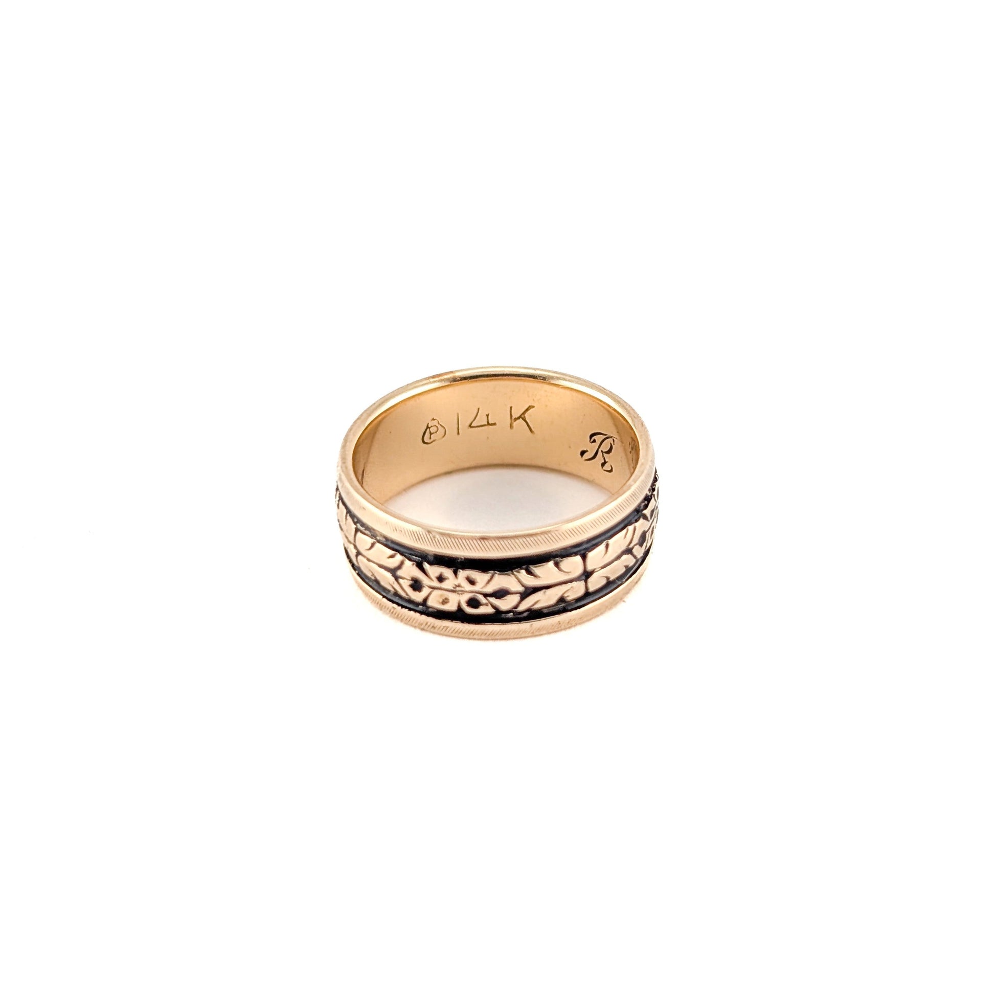 Vintage 14K Gold Blackened Floral Engraved Wedding Band