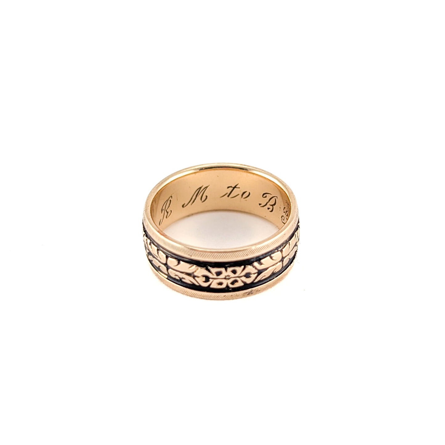 Vintage 14K Gold Blackened Floral Engraved Wedding Band