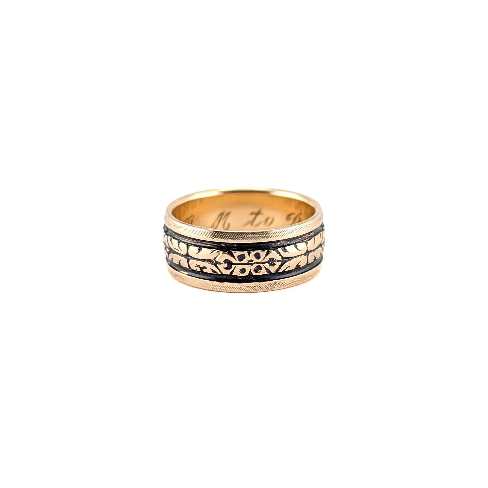 Vintage 14K Gold Blackened Floral Engraved Wedding Band