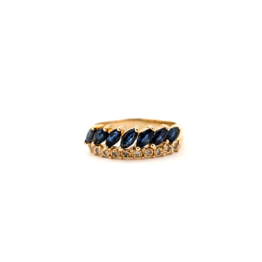 Vintage 14K Gold Marquise Blue Sapphires & Diamond Band Ring