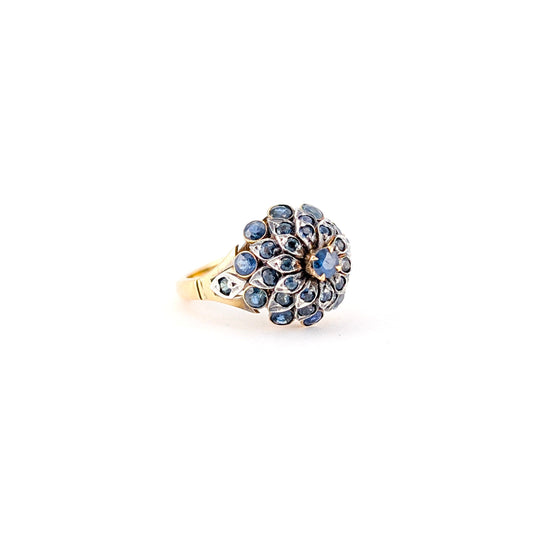 Vintage 14K Gold Thai Princess Sapphire Ring - Floral Cluster Dome Cocktail Ring
