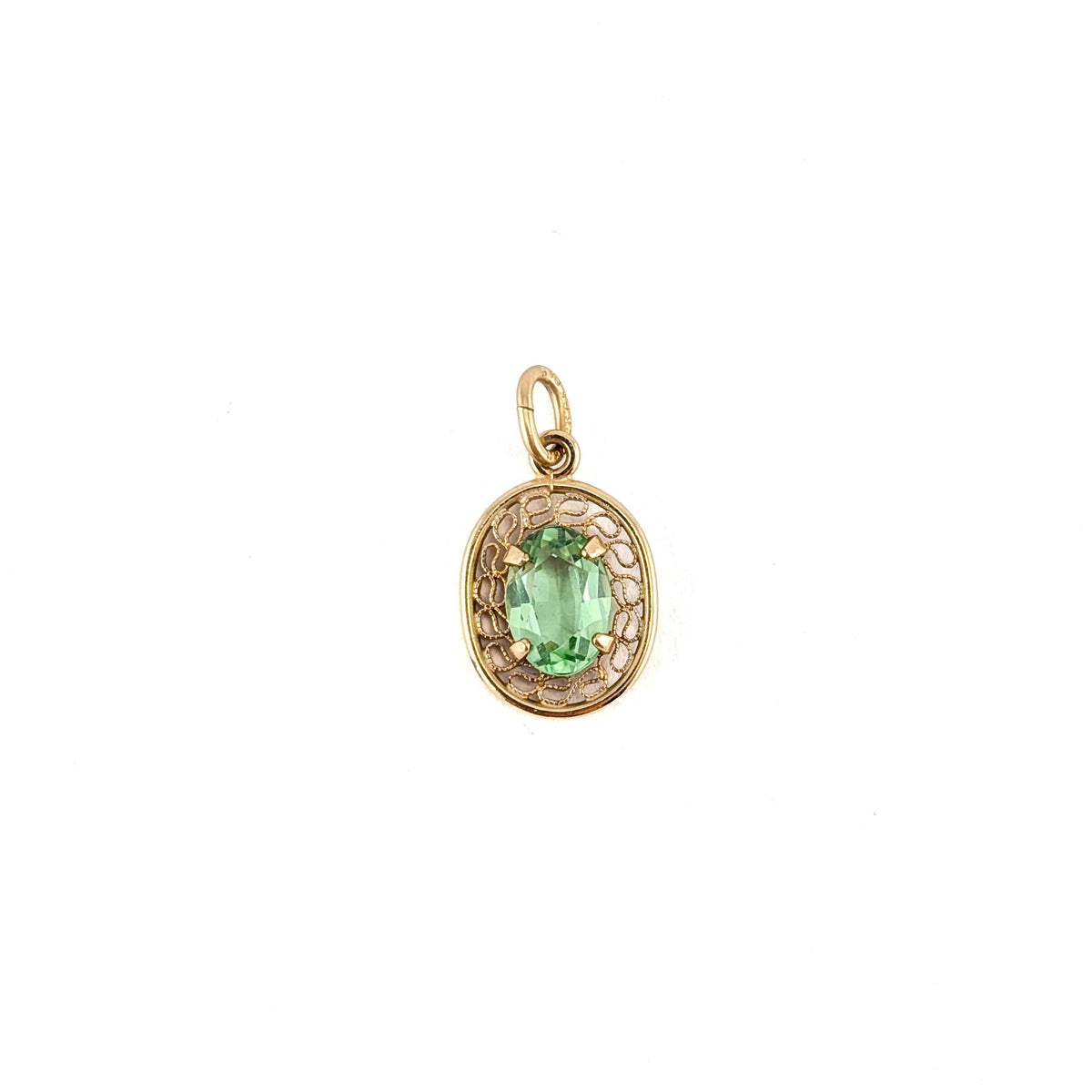 Vintage 14K Gold Green Synthetic Uranium Spinel Pendant