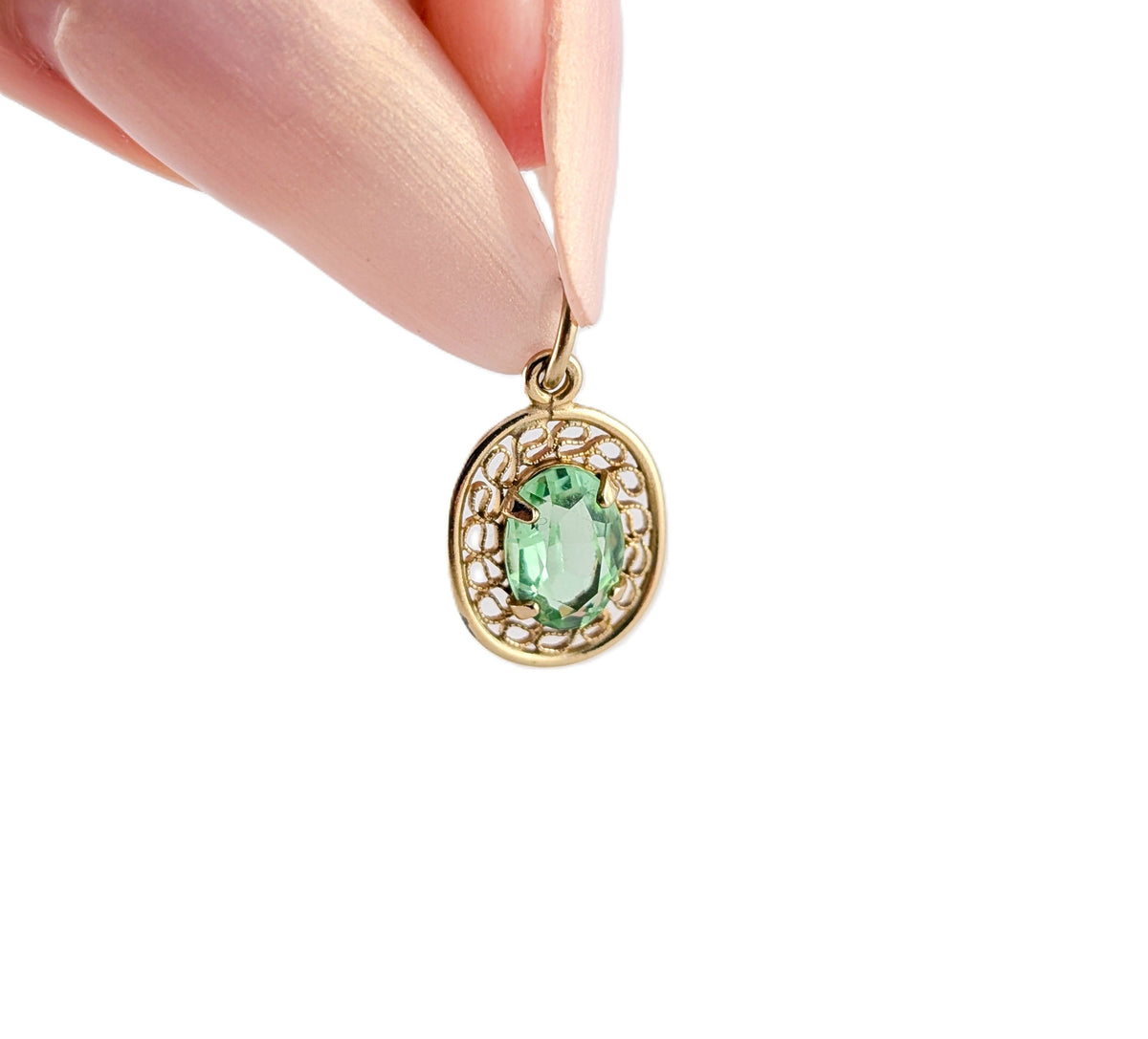 Vintage 14K Gold Green Synthetic Uranium Spinel Pendant