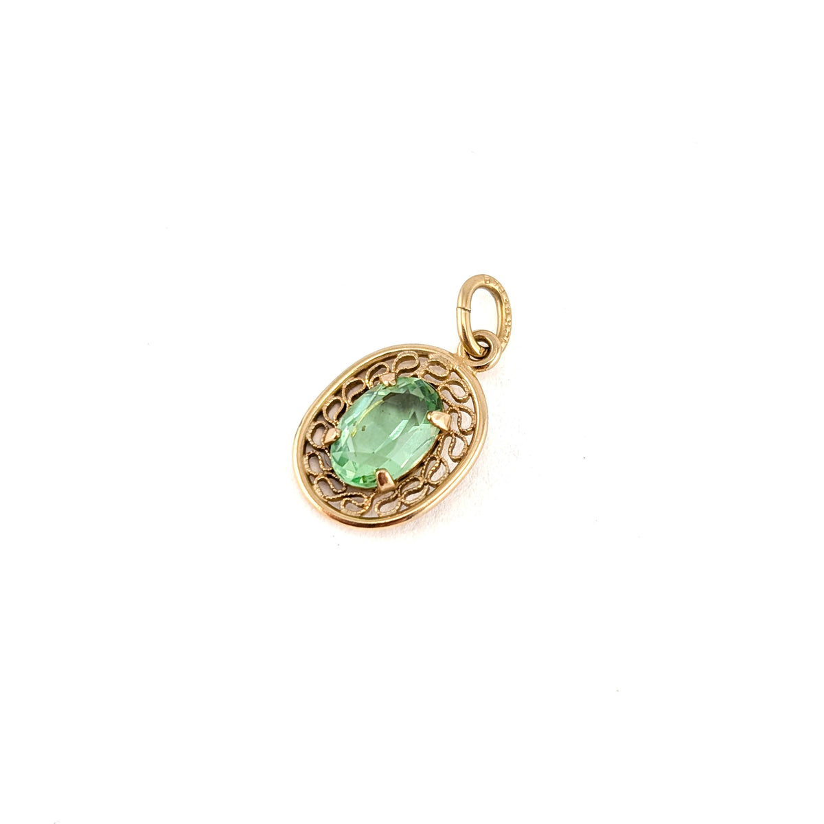Vintage 14K Gold Green Synthetic Uranium Spinel Pendant