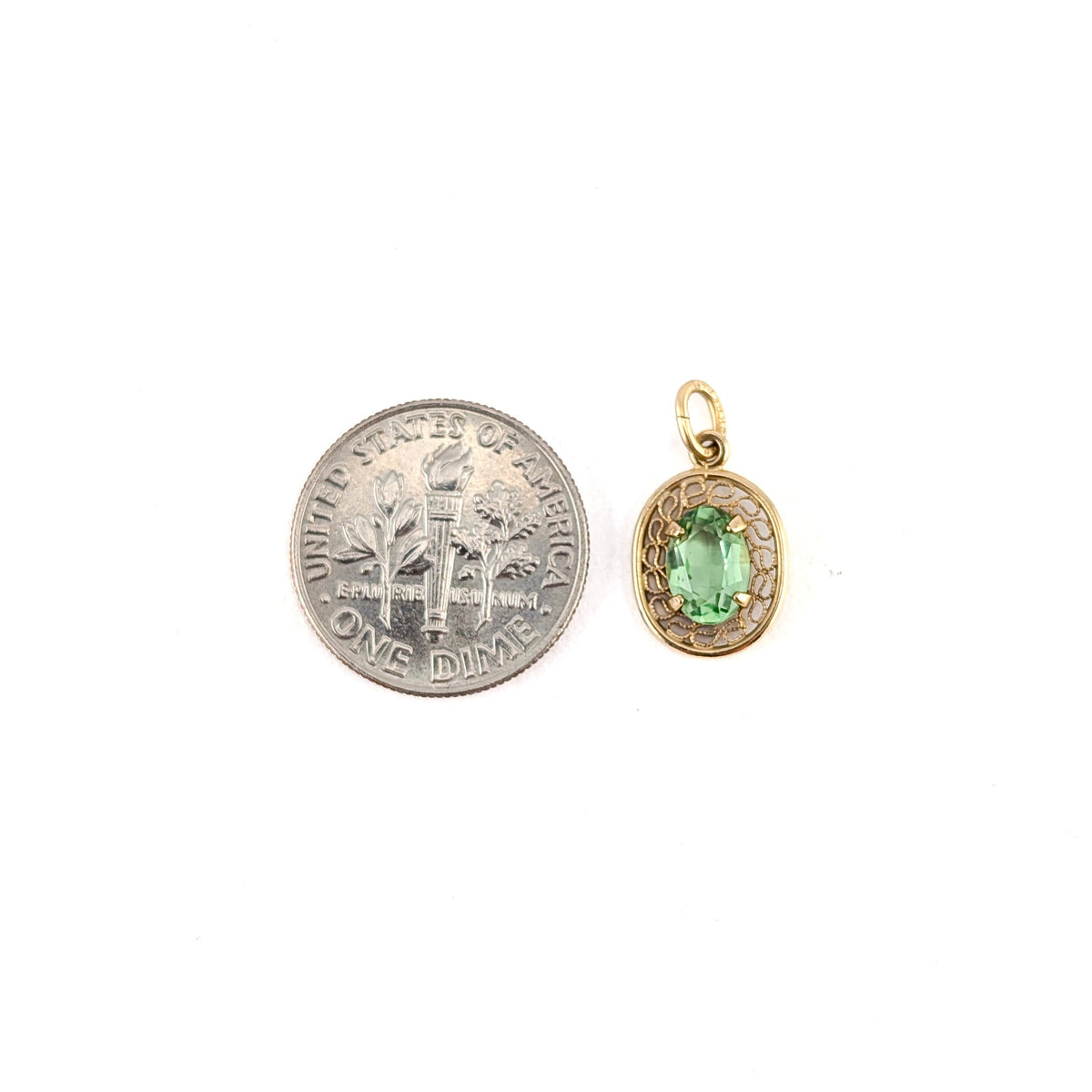 Vintage 14K Gold Green Synthetic Uranium Spinel Pendant