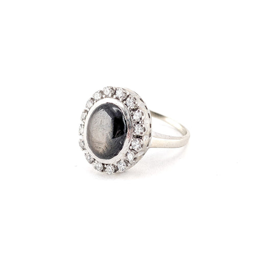 Vintage 14K White Gold Black Star Sapphire & Diamond Halo Statement Ring