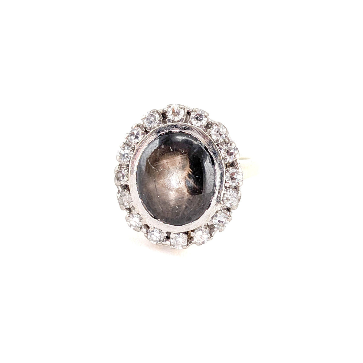 Vintage 14K White Gold Black Star Sapphire & Diamond Halo Statement Ring