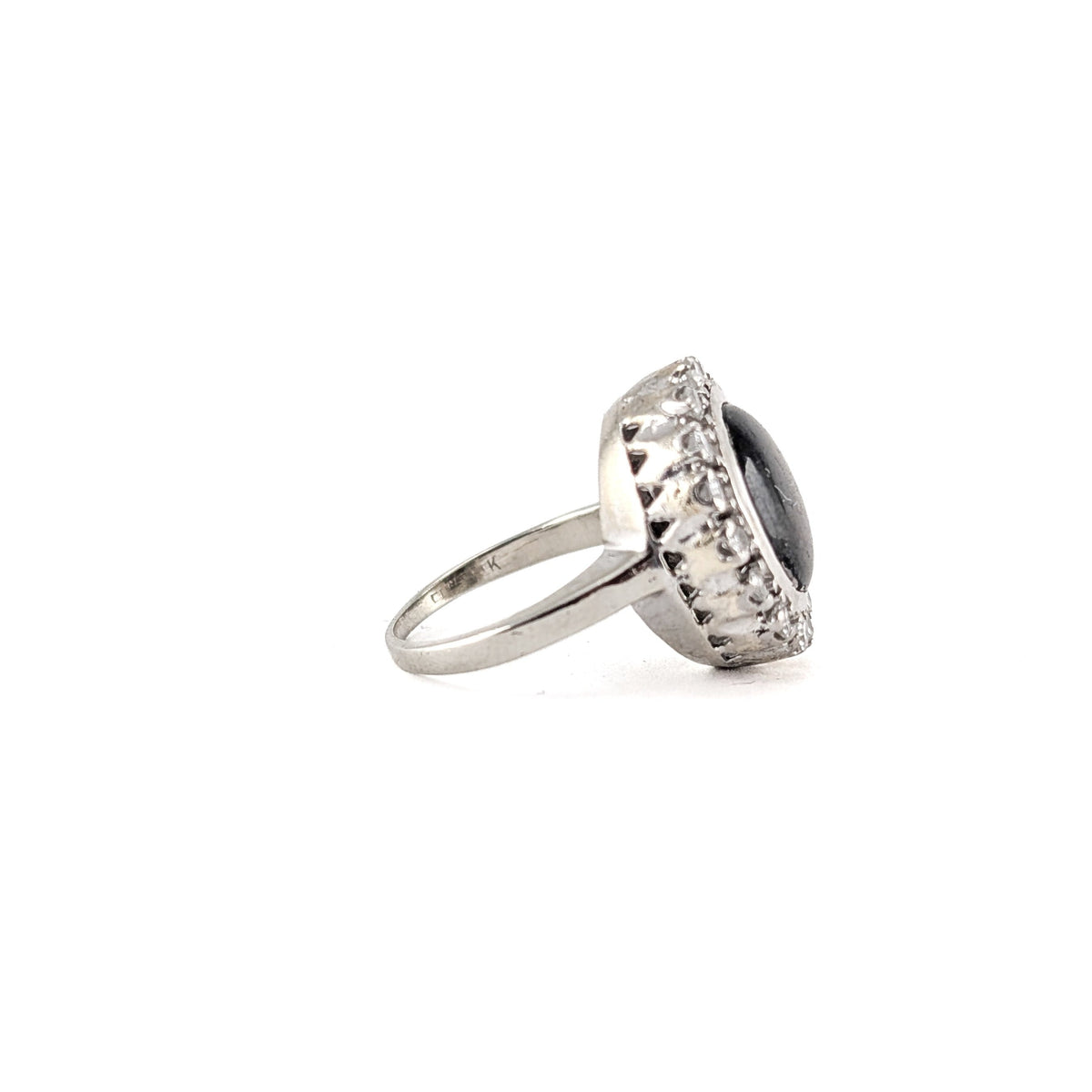 Vintage 14K White Gold Black Star Sapphire & Diamond Halo Statement Ring