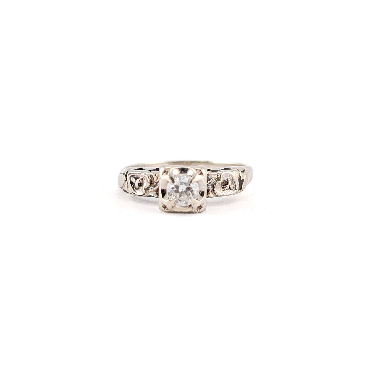 Vintage 14K White Gold Round 0.23ct Old European Solitaire Ring - Engagement Rin