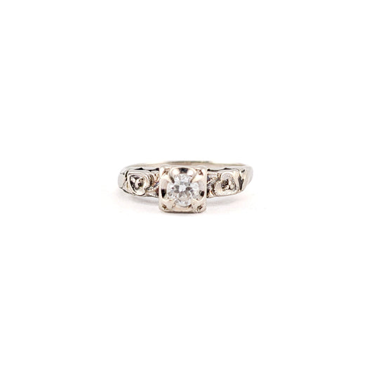 Vintage 14K White Gold Round 0.23ct Old European Solitaire Ring - Engagement Rin