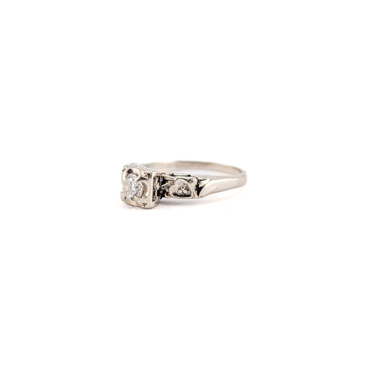 Vintage 14K White Gold Round 0.23ct Old European Solitaire Ring - Engagement Rin