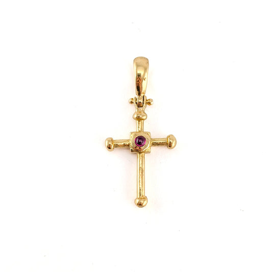 Vintage 18K Gold Bezel Set Ruby Cross Pendant