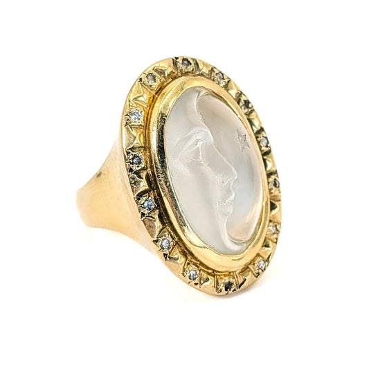 Vintage 18K Gold Carved Moonstone & Diamond Ring – 27.83g