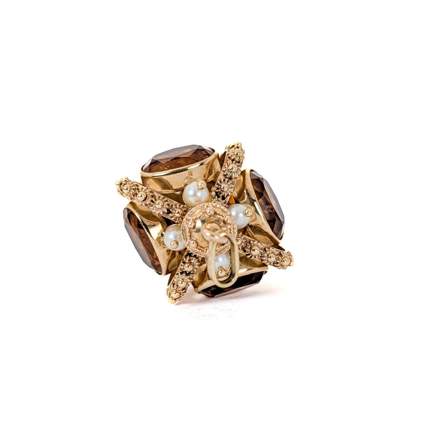 Vintage 18K Gold Citrine and Pearl Crown Pendant