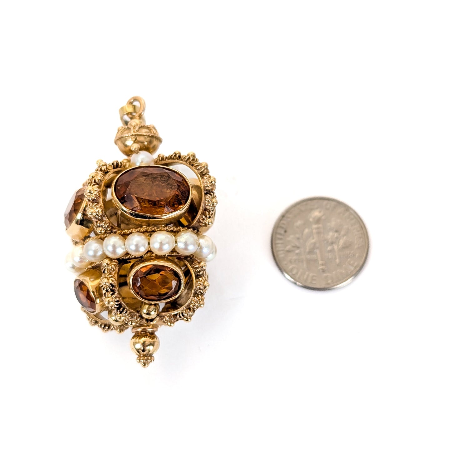 Vintage 18K Gold Citrine and Pearl Crown Pendant