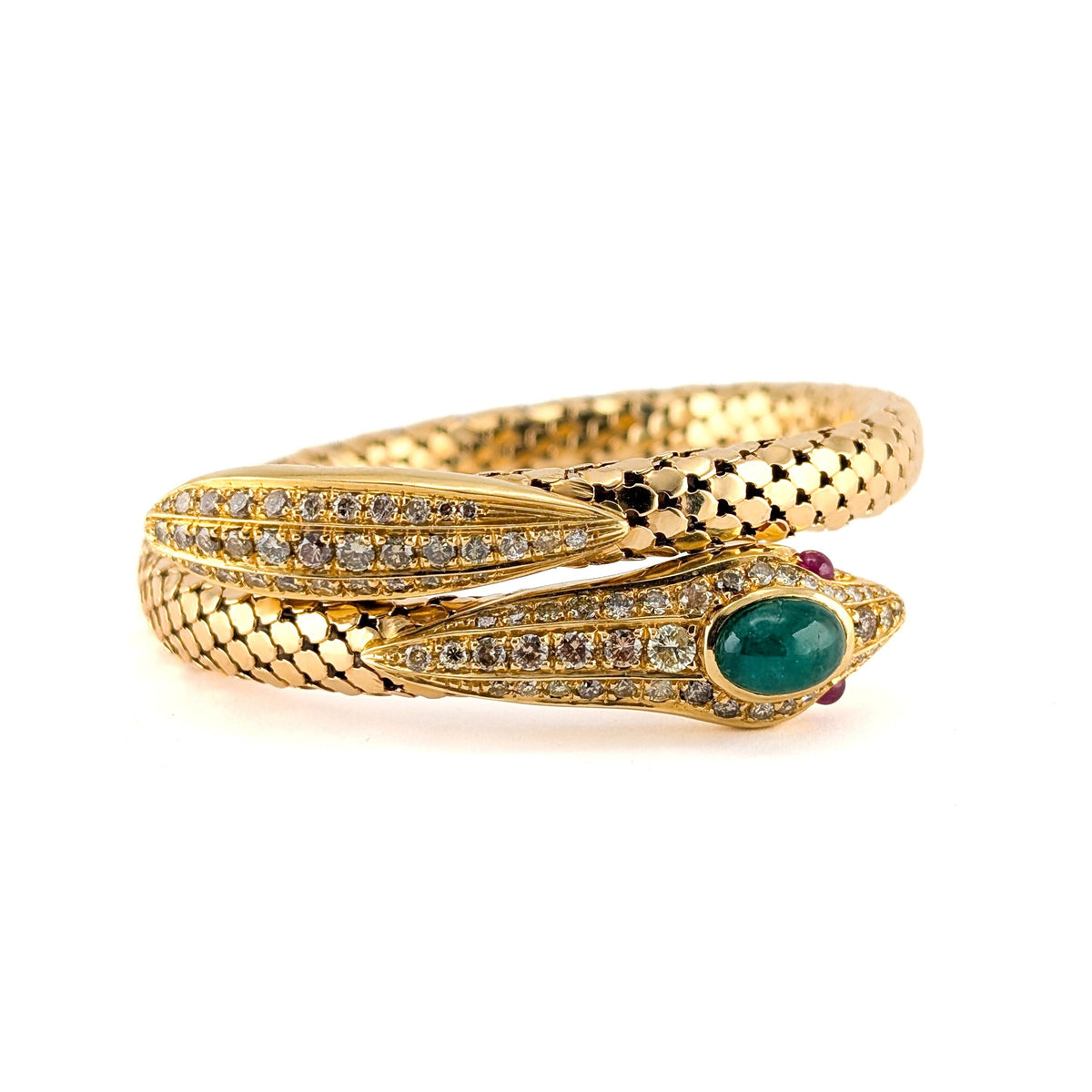 Vintage 18K Gold Diamond Emerald & Ruby Coiled Snake Bracelet
