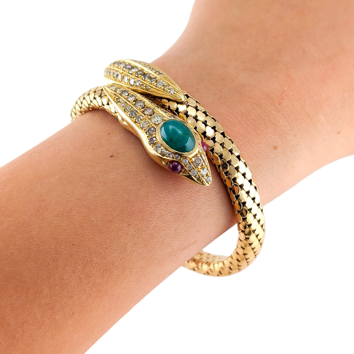 Vintage 18K Gold Diamond Emerald & Ruby Coiled Snake Bracelet