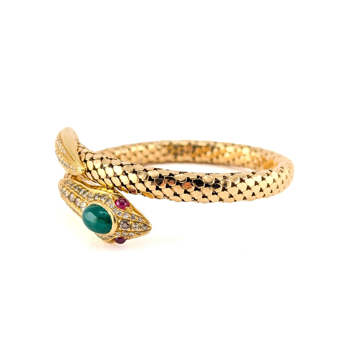 Vintage 18K Gold Diamond Emerald & Ruby Coiled Snake Bracelet