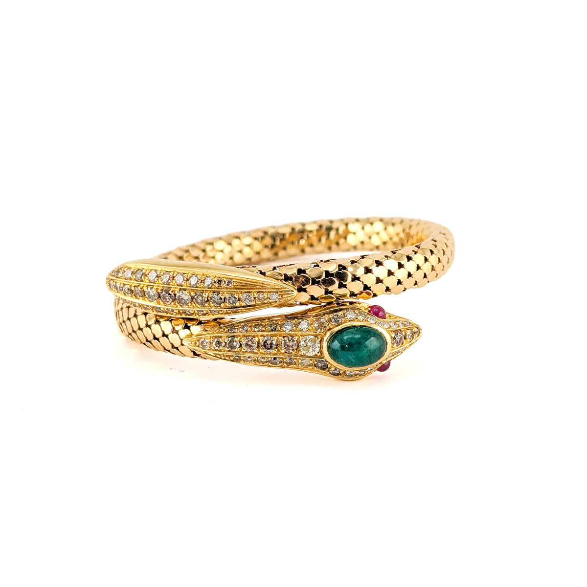 Vintage 18K Gold Diamond Emerald & Ruby Coiled Snake Bracelet
