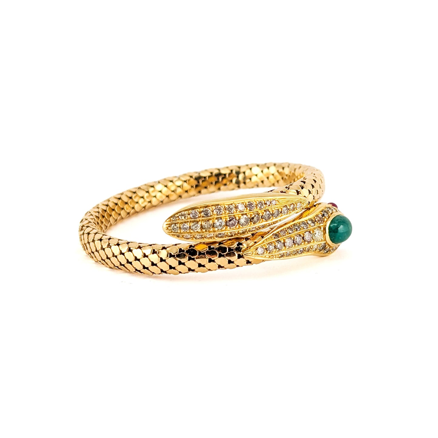Vintage 18K Gold Diamond Emerald & Ruby Coiled Snake Bracelet
