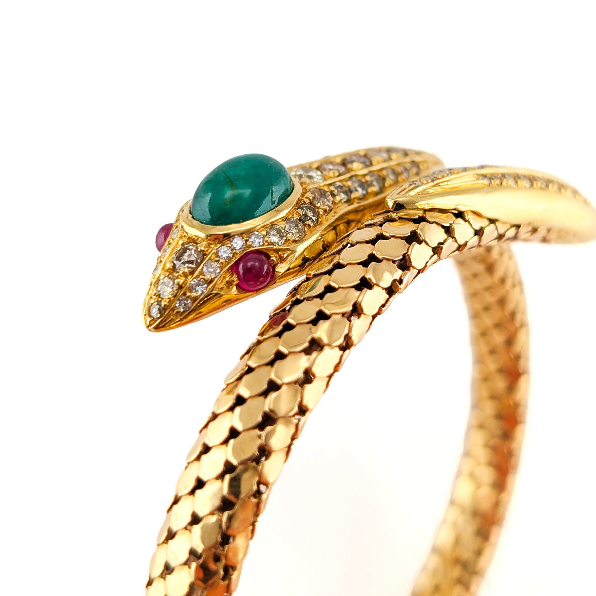 Vintage 18K Gold Diamond Emerald & Ruby Coiled Snake Bracelet