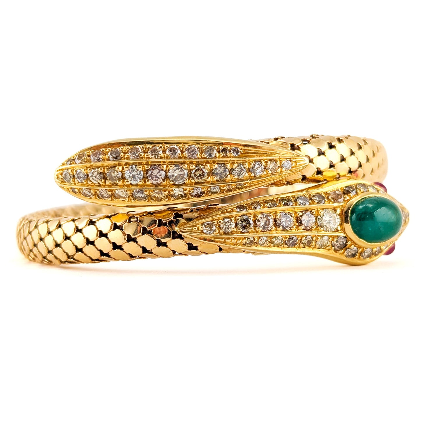 Vintage 18K Gold Diamond Emerald & Ruby Coiled Snake Bracelet