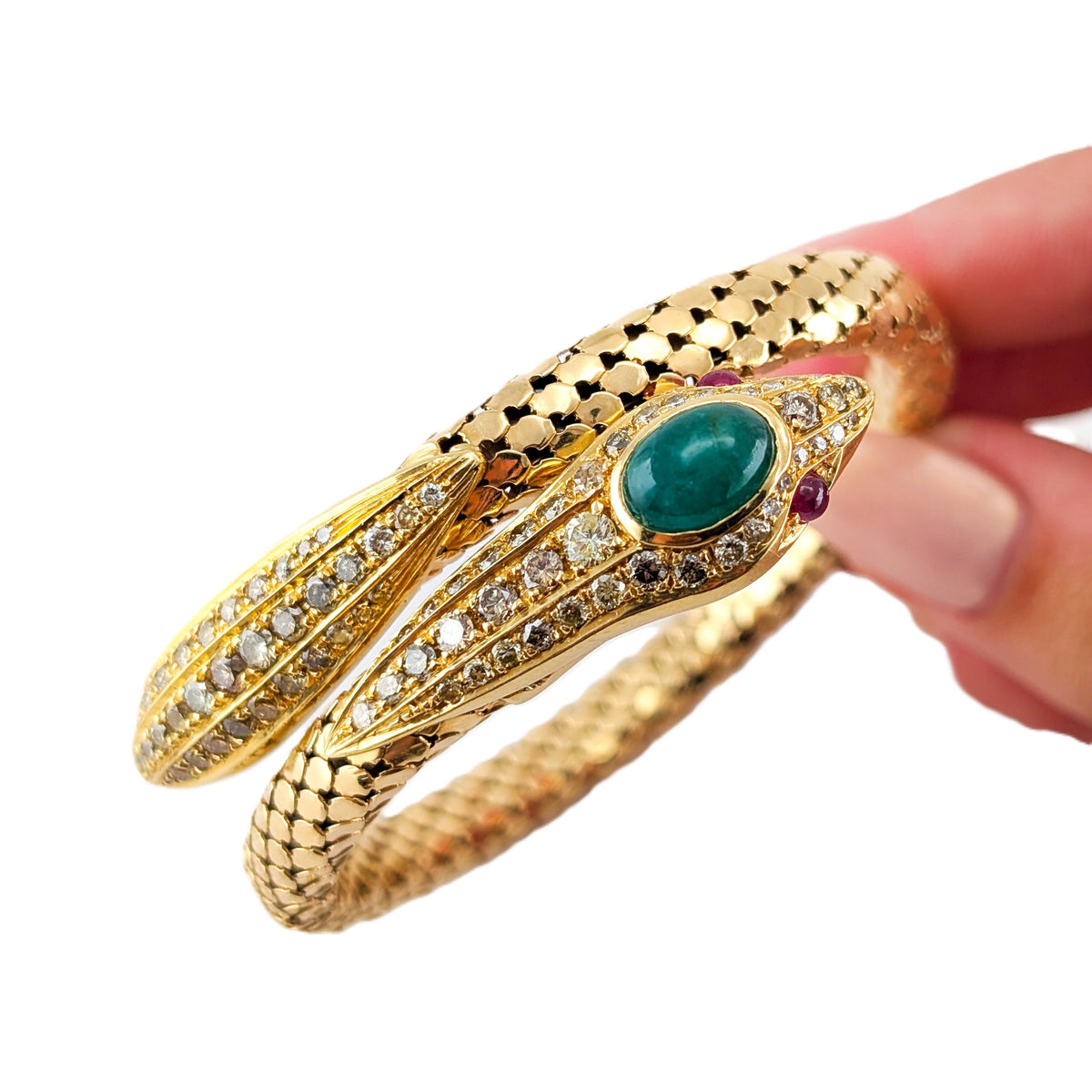 Vintage 18K Gold Diamond Emerald & Ruby Coiled Snake Bracelet