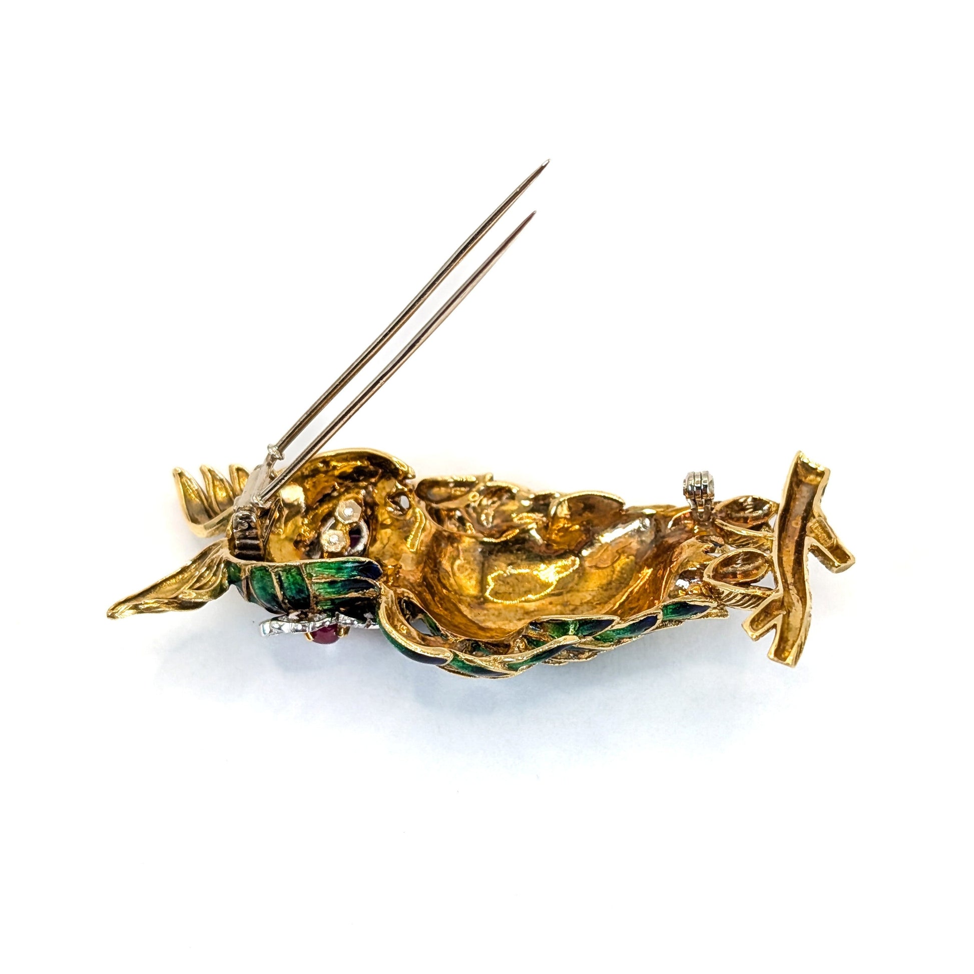 Vintage 18K Gold Enamel Owl Brooch with Ruby and Diamond Eyes