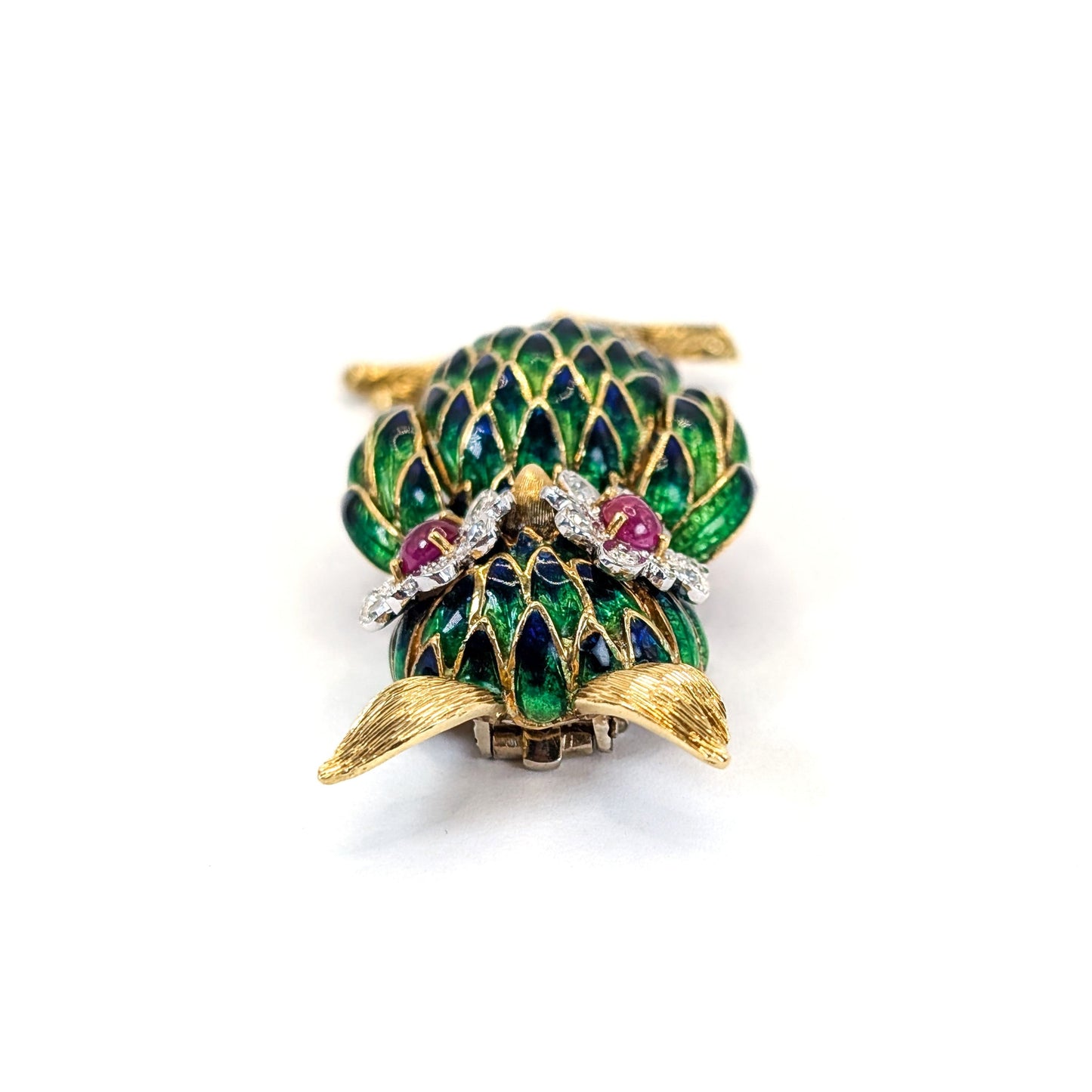 Vintage 18K Gold Enamel Owl Brooch with Ruby and Diamond Eyes