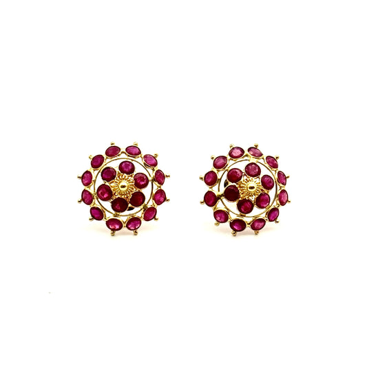 Vintage 18K Gold Ruby Cluster Earrings – Floral Studs