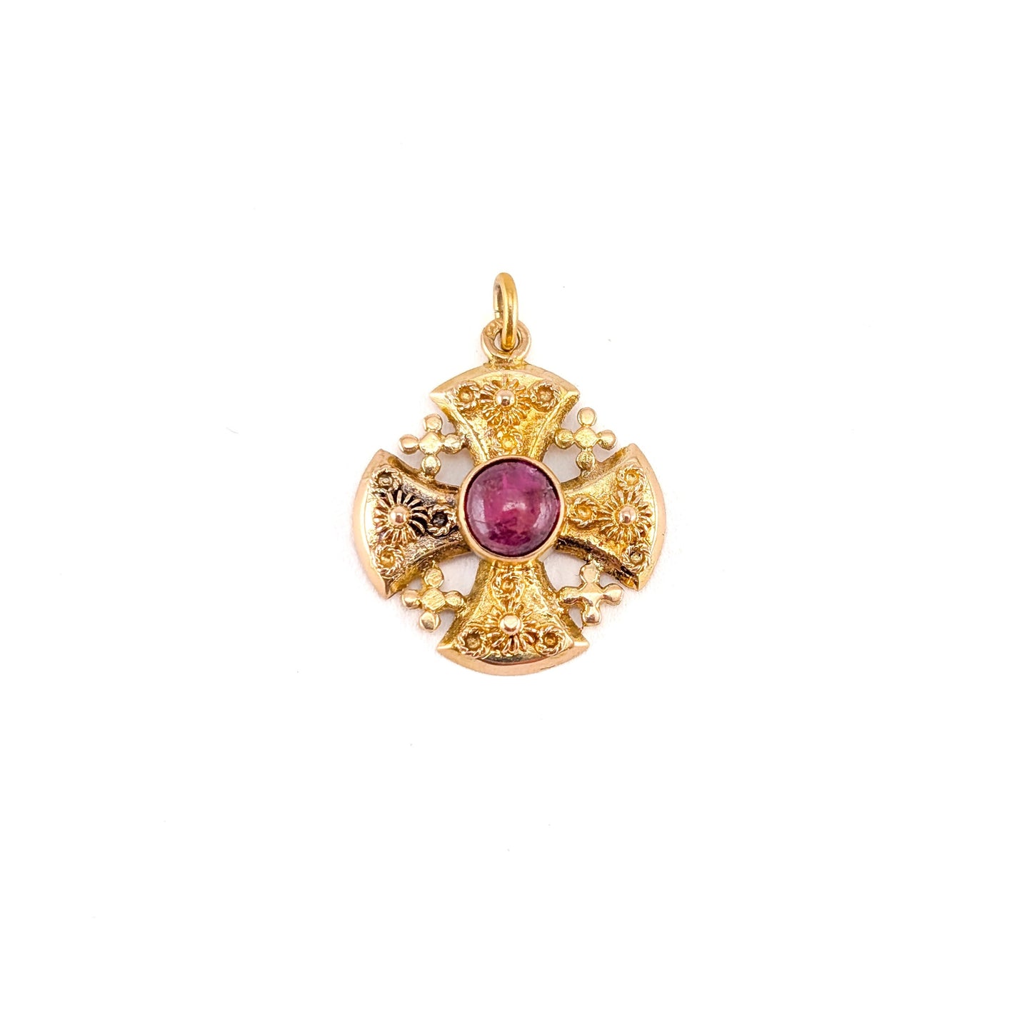 Vintage 18K Gold Ruby Jerusalem Cross Pendant