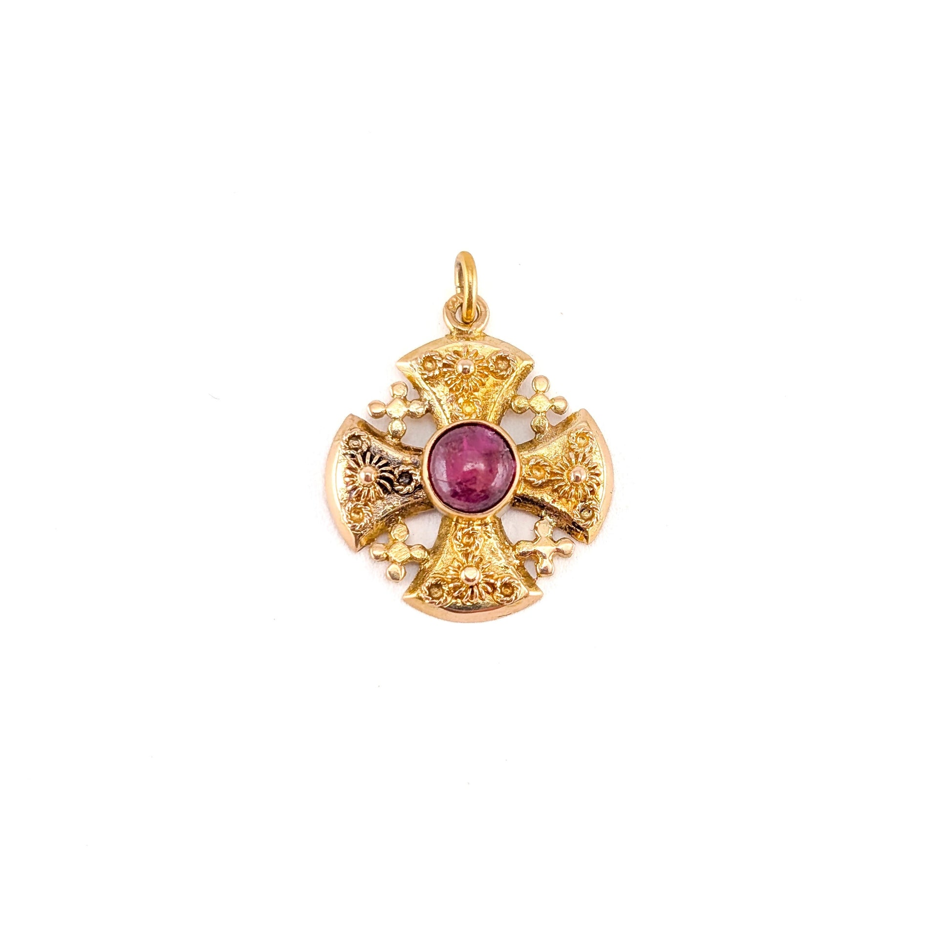 Vintage 18K Gold Ruby Jerusalem Cross Pendant