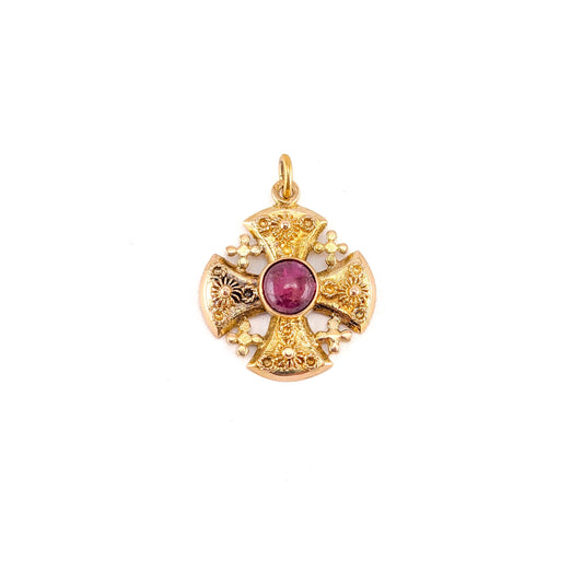 Vintage 18K Gold Ruby Jerusalem Cross Pendant