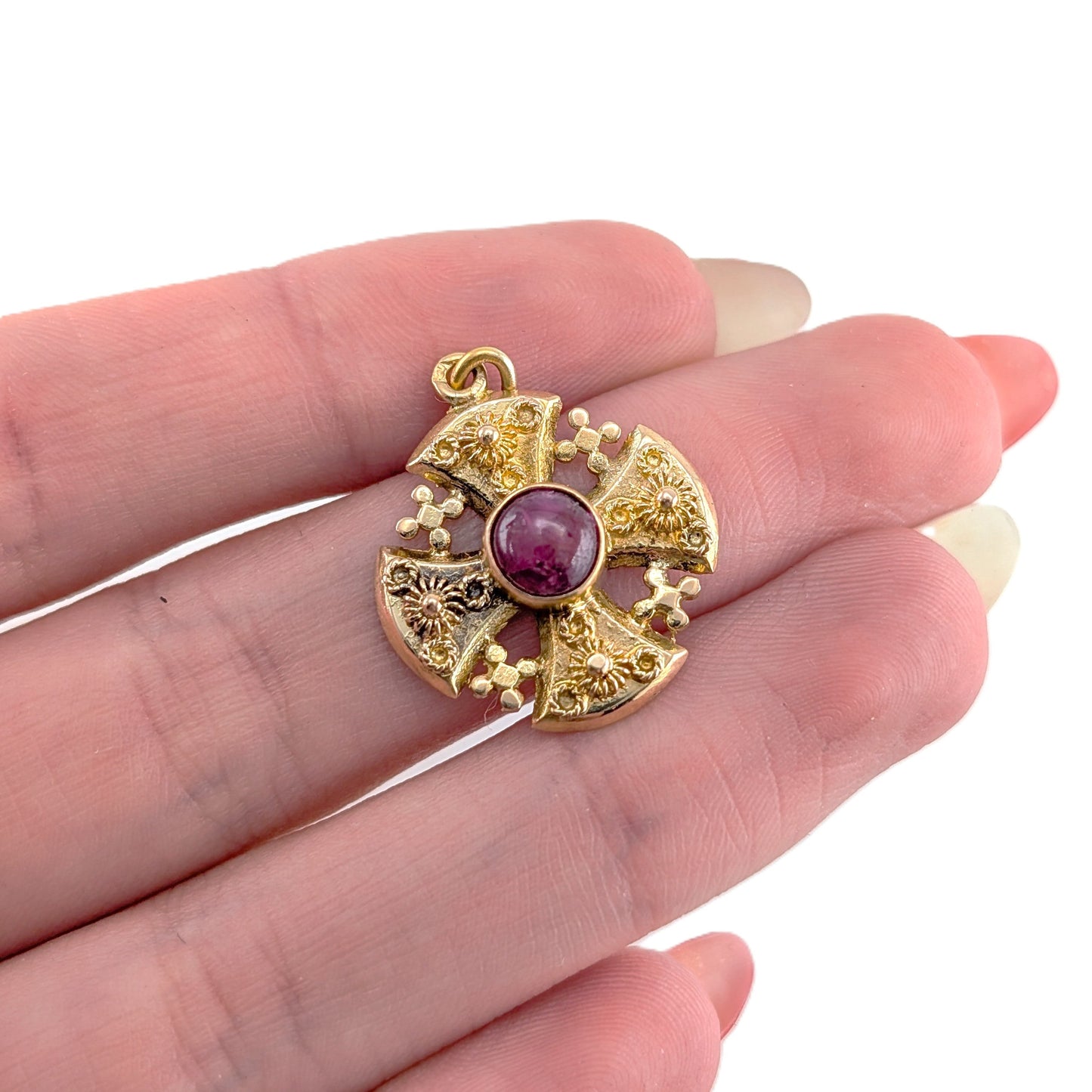Vintage 18K Gold Ruby Jerusalem Cross Pendant