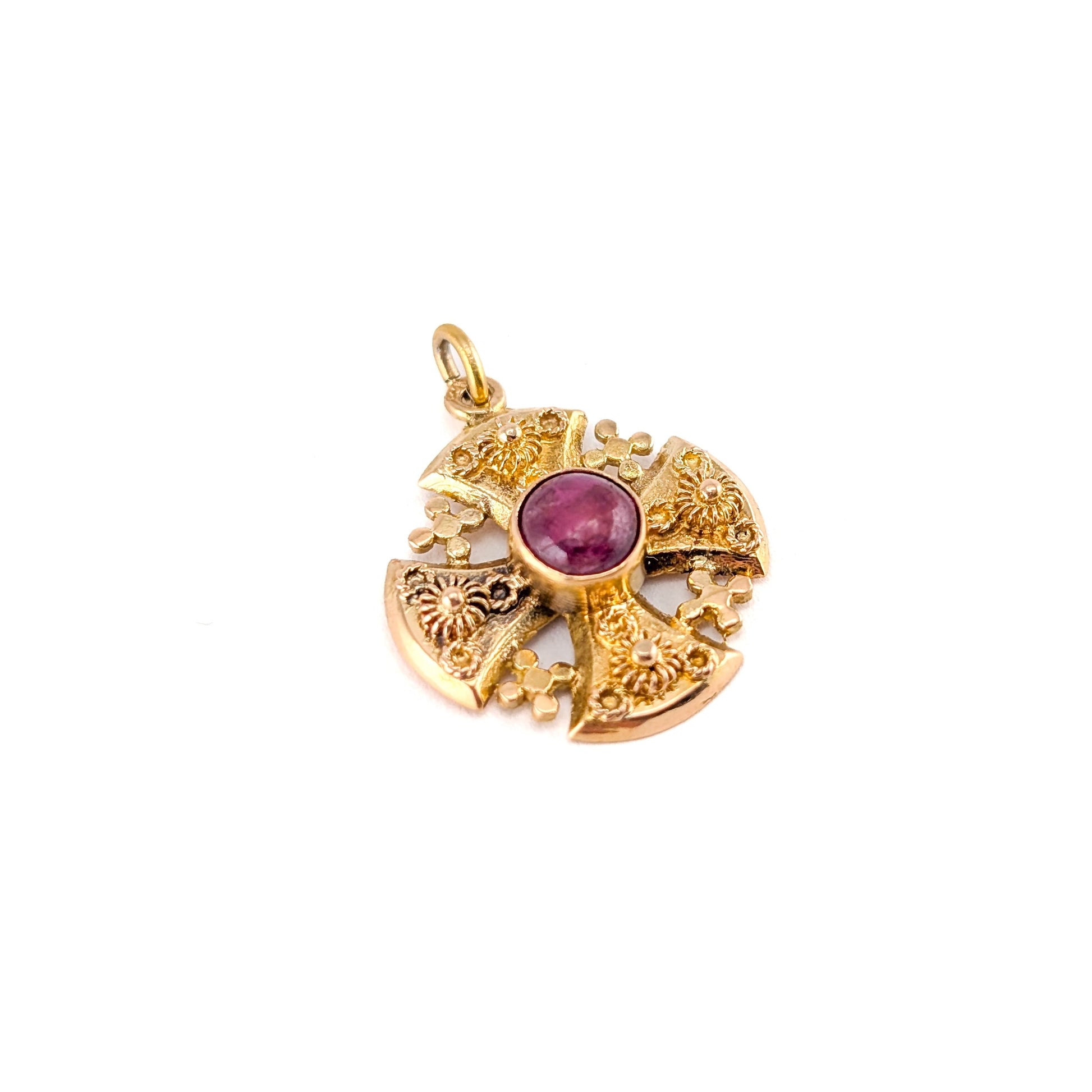 Vintage 18K Gold Ruby Jerusalem Cross Pendant
