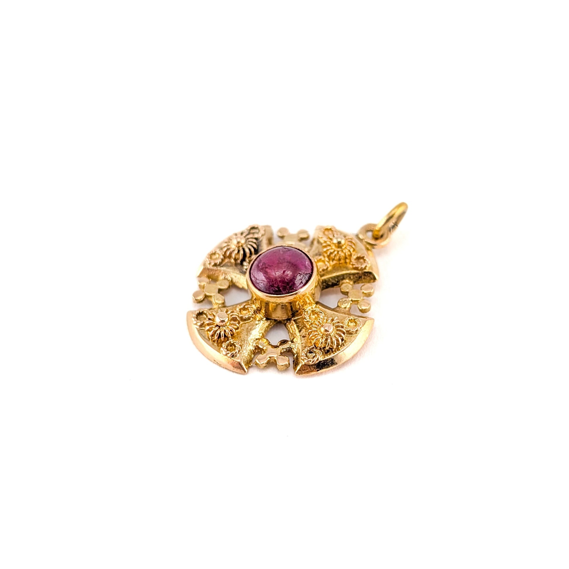 Vintage 18K Gold Ruby Jerusalem Cross Pendant
