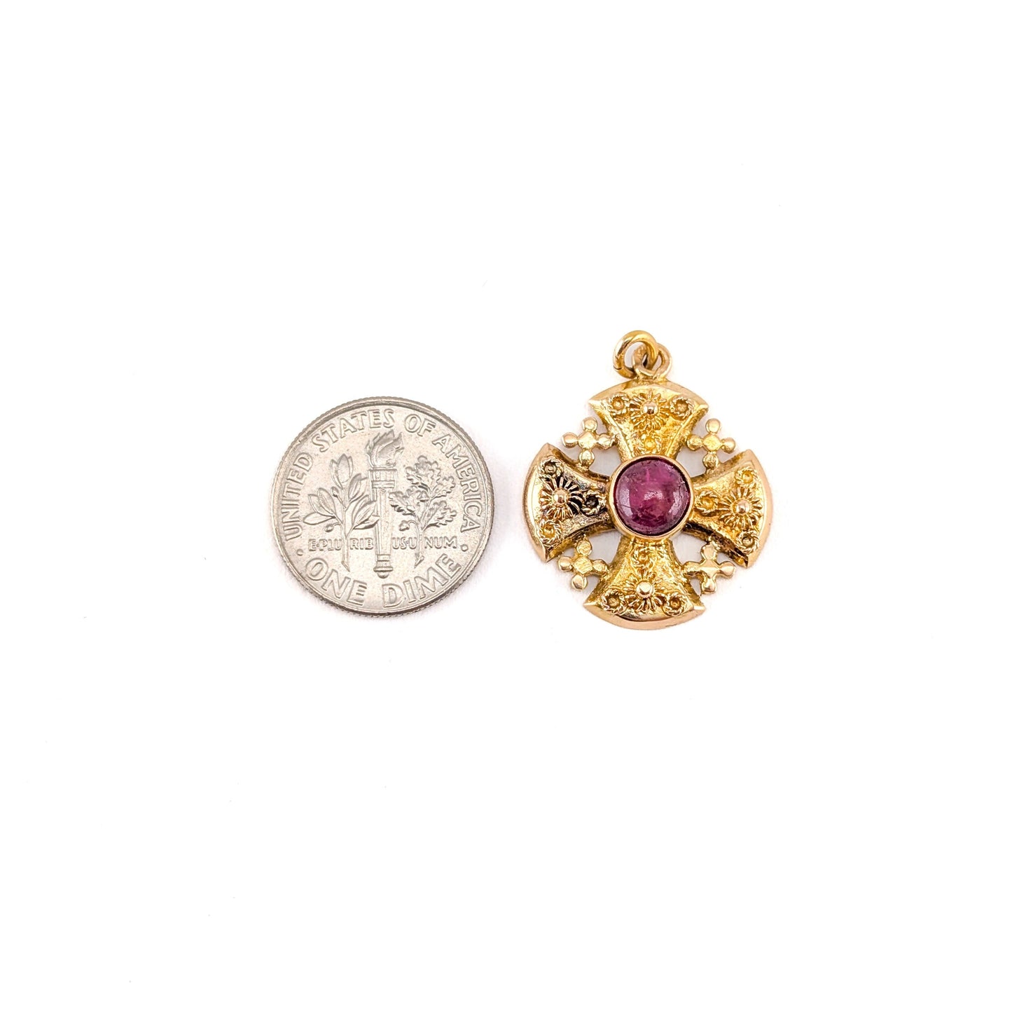Vintage 18K Gold Ruby Jerusalem Cross Pendant